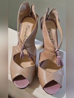 Leather Peep-Toe Heels in Taupe with Mauve Tassels